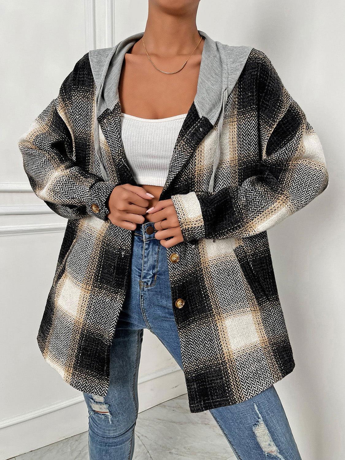 Plaid Drawstring Hooded Jacket - Clothes For Her Online Store
