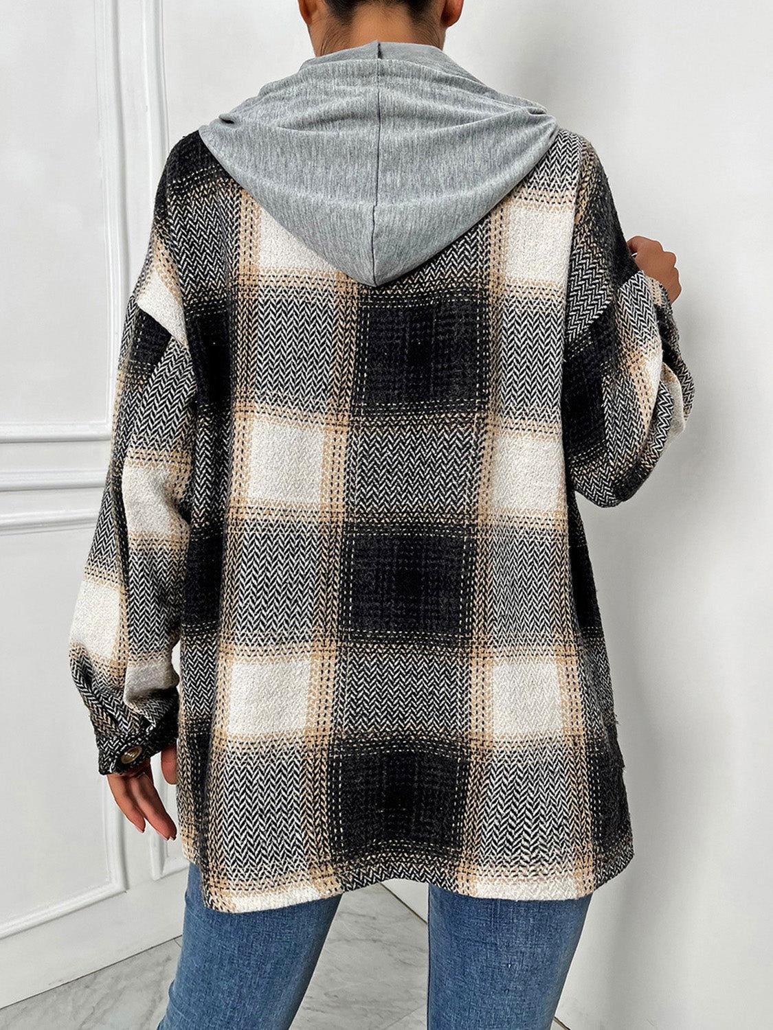 Plaid Drawstring Hooded Jacket - Clothes For Her Online Store