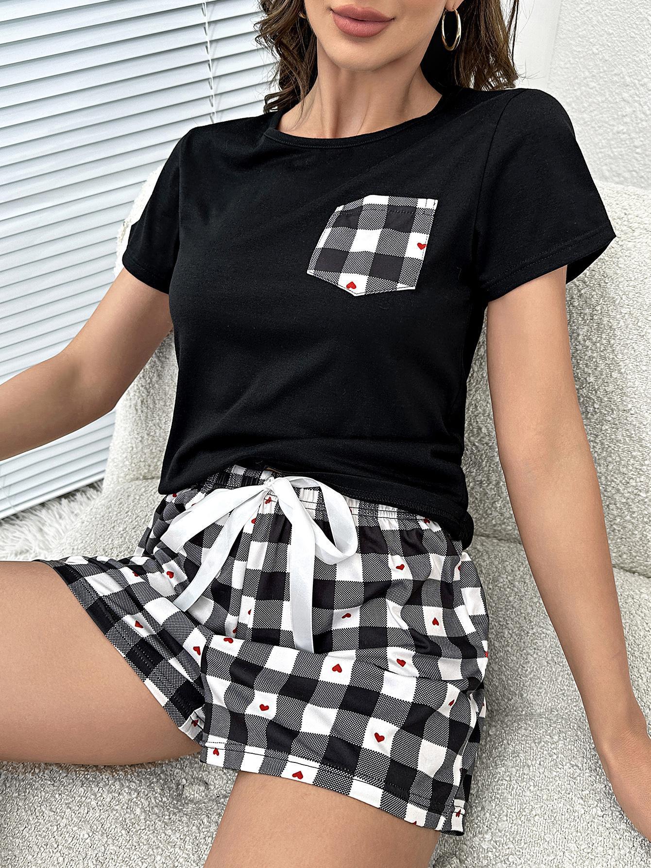 Plaid Heart Top and Shorts Lounge Set - Clothes For Her Online Store
