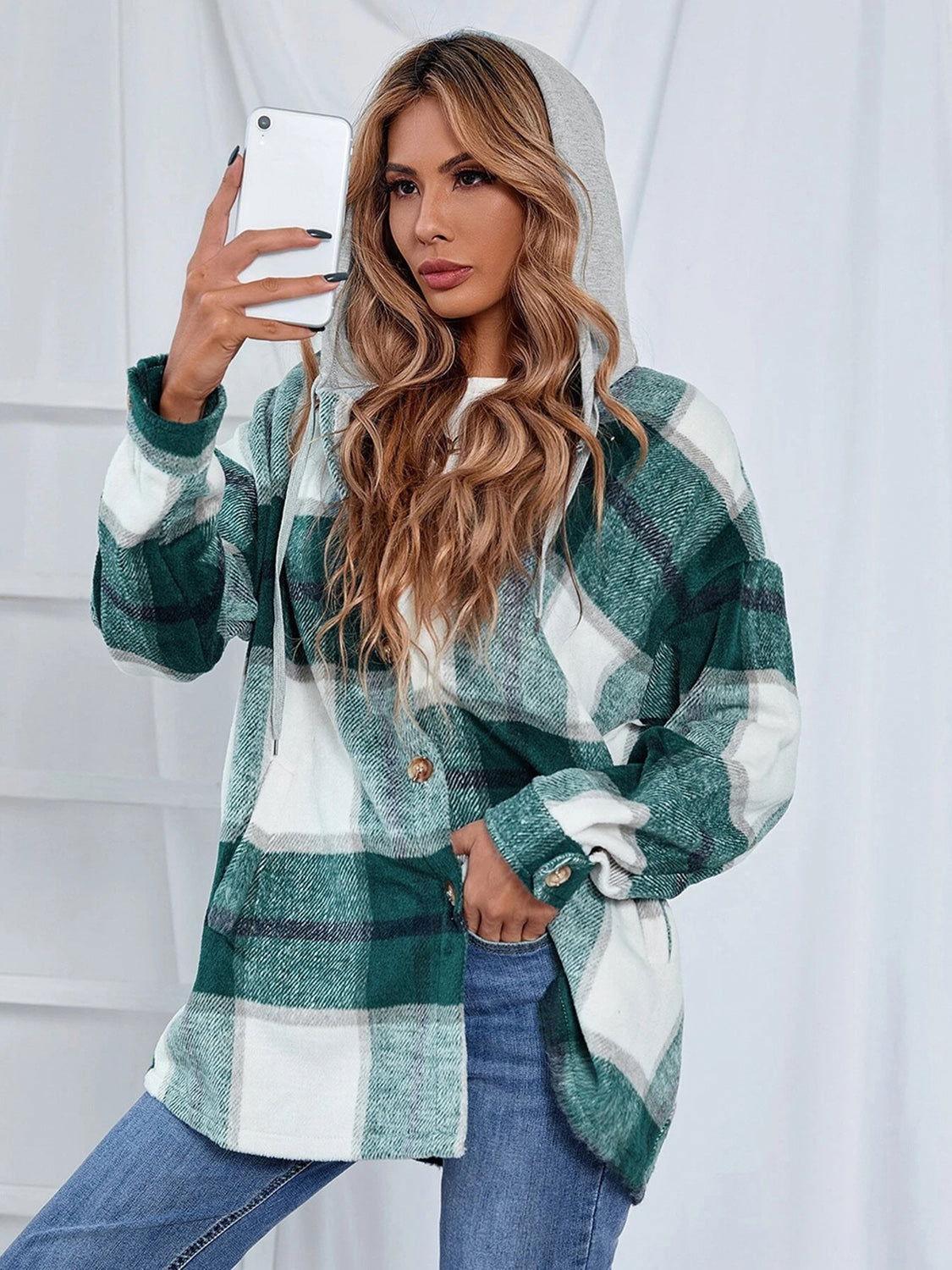 Plaid Hooded Jacket with Pockets - Clothes For Her Online Store