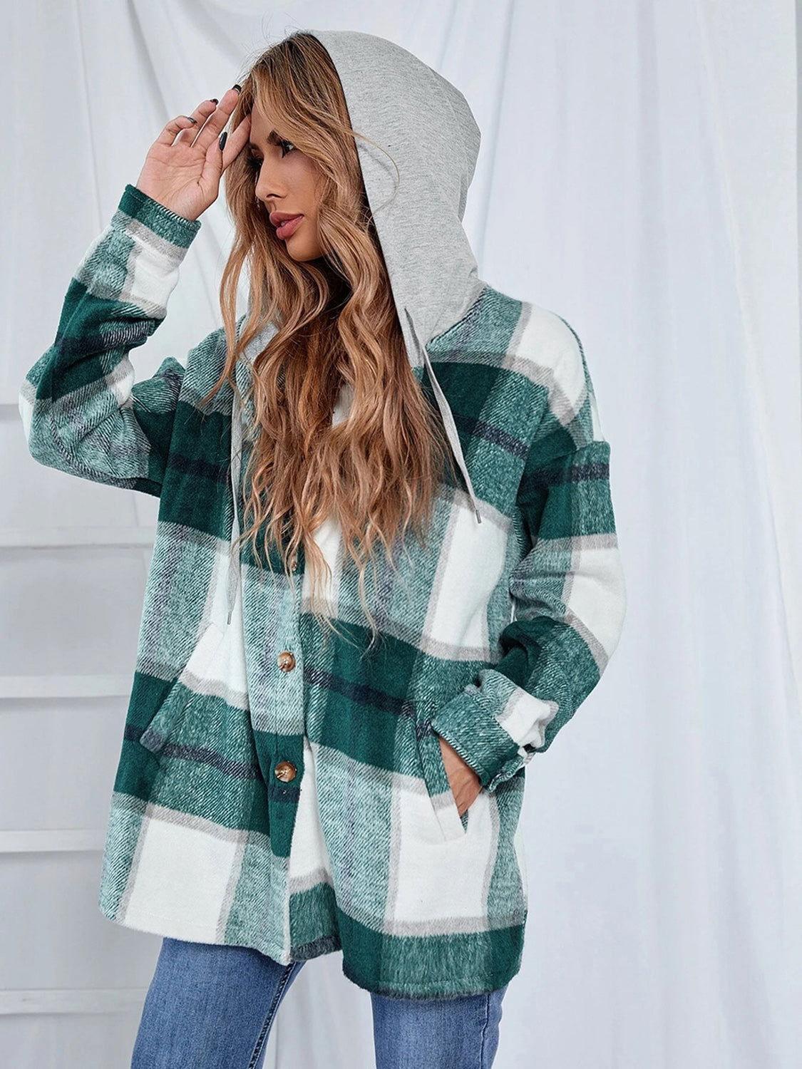 Plaid Hooded Jacket with Pockets - Clothes For Her Online Store