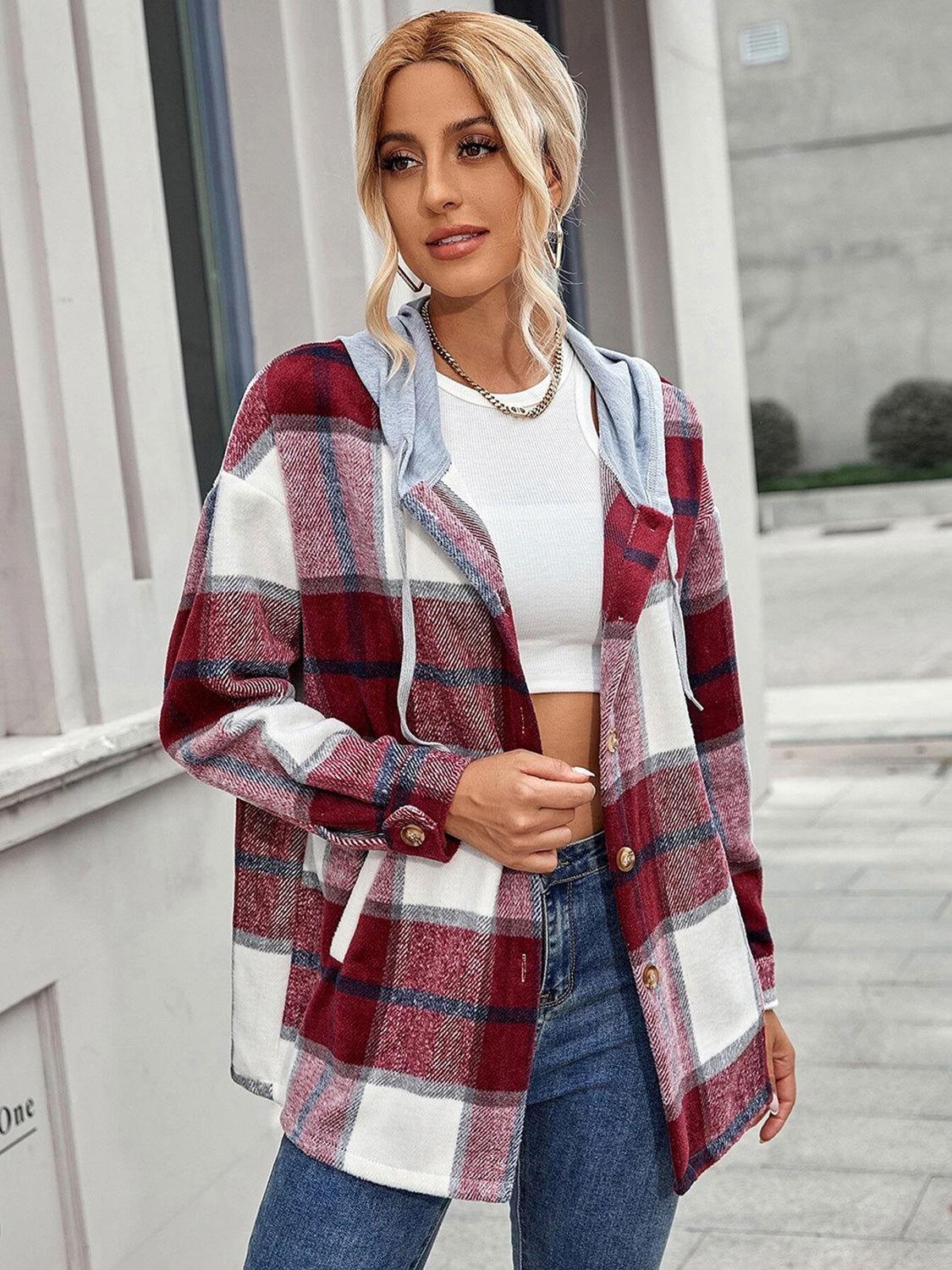 Plaid Hooded Jacket with Pockets - Clothes For Her Online Store