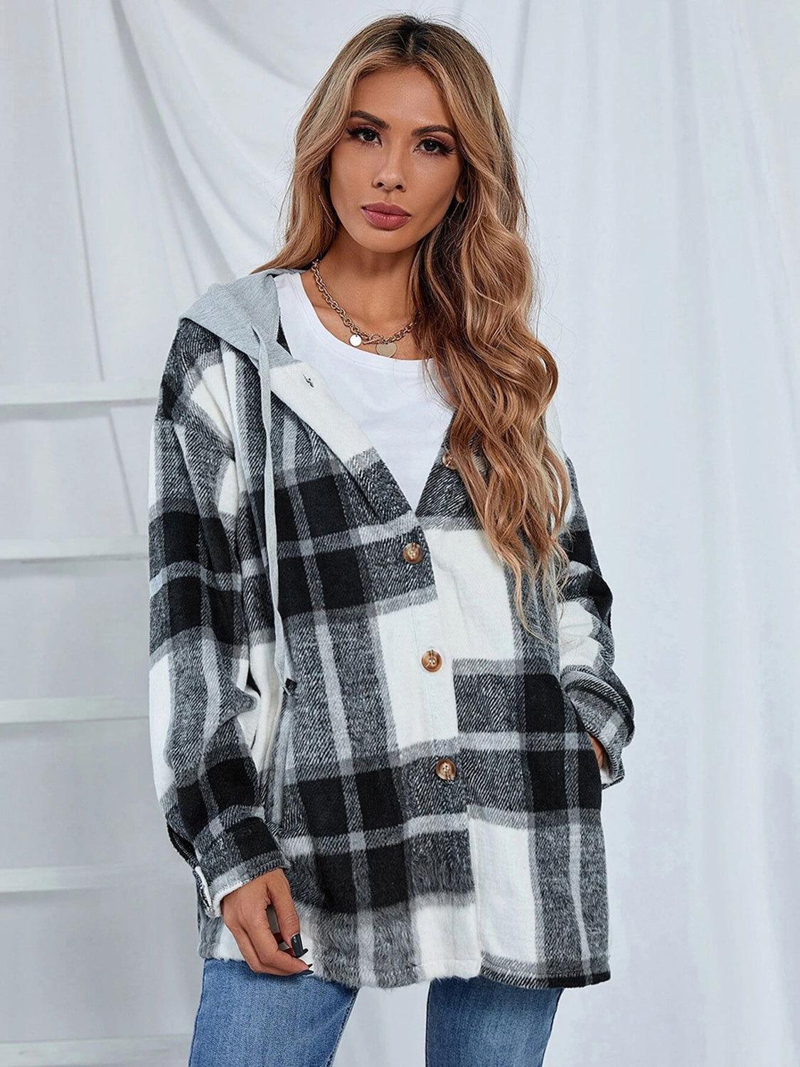 Plaid Hooded Jacket with Pockets - Clothes For Her Online Store