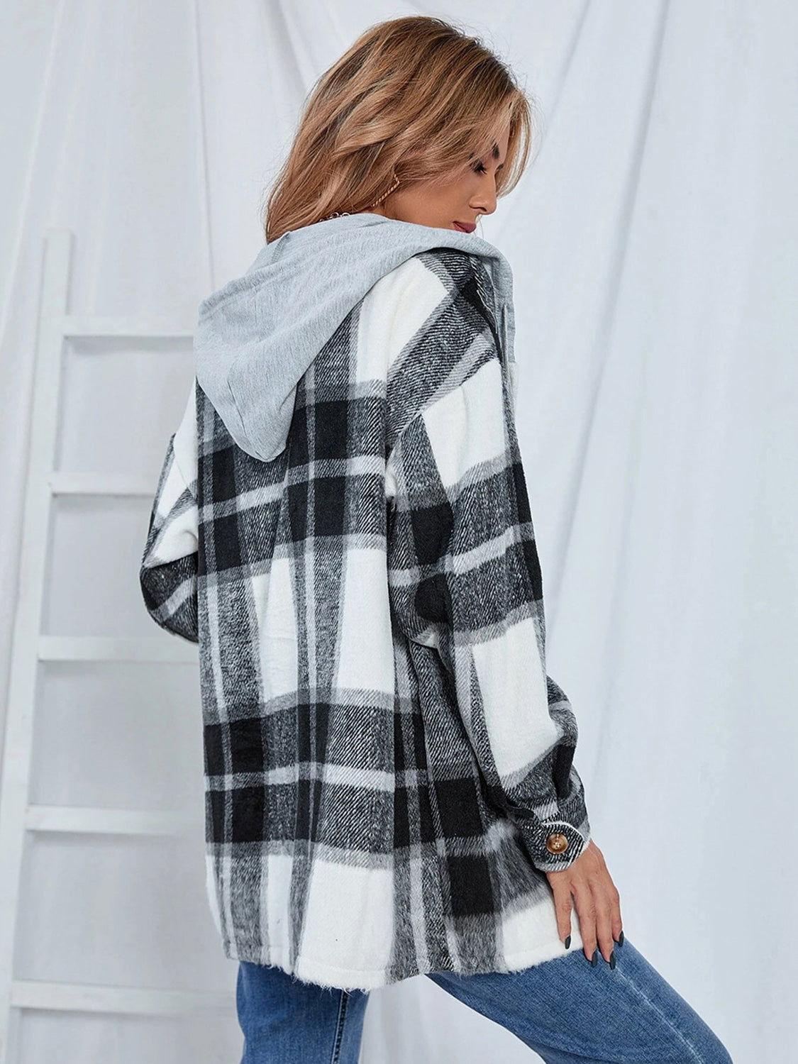 Plaid Hooded Jacket with Pockets - Clothes For Her Online Store