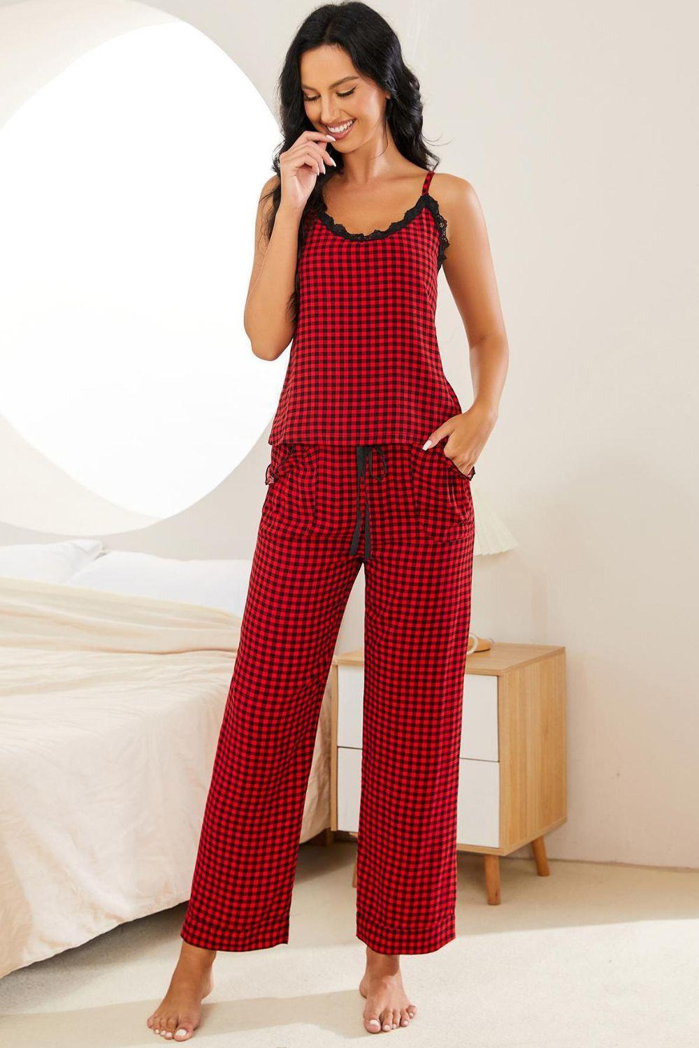 Plaid Lace Trim Cami and Drawstring Pants Pajama Set - Clothes For Her Online Store