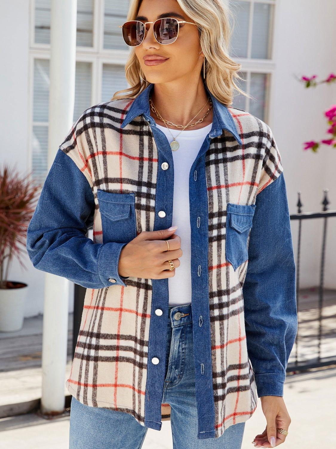 Plaid Long Sleeve Denim Jacket - Clothes For Her Online Store