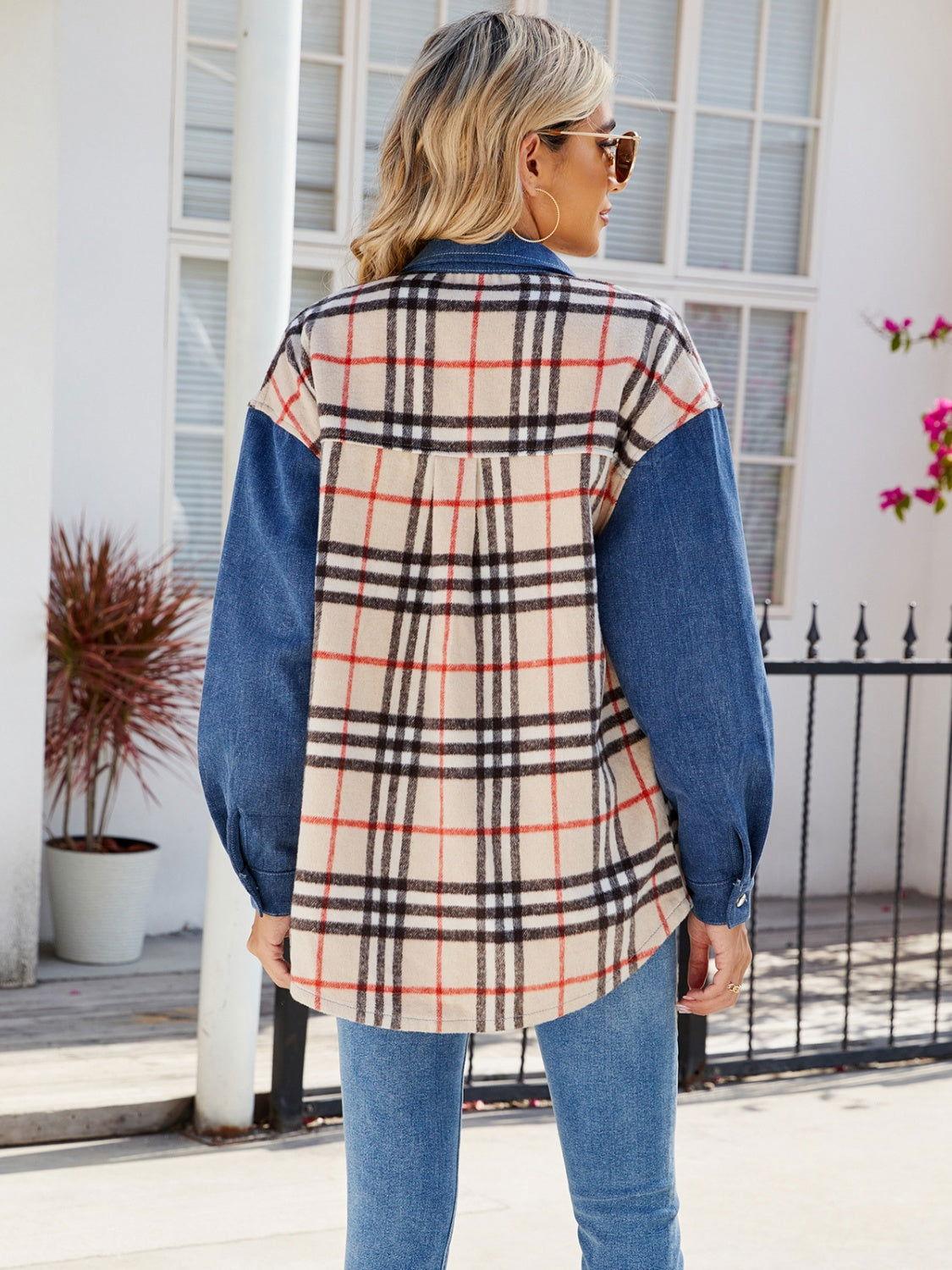 Plaid Long Sleeve Denim Jacket - Clothes For Her Online Store