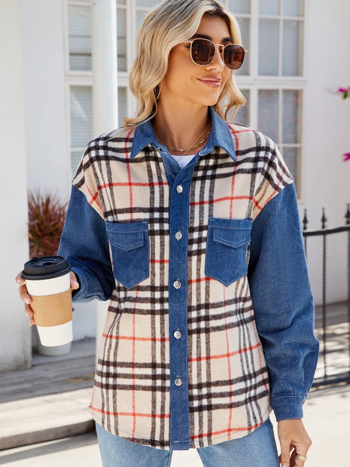 Plaid Long Sleeve Denim Jacket - Clothes For Her Online Store