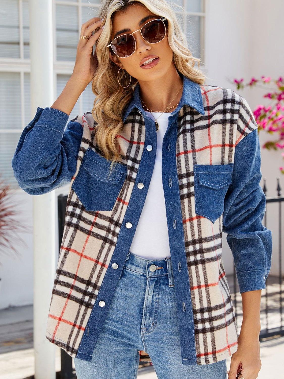 Plaid Long Sleeve Denim Jacket - Clothes For Her Online Store