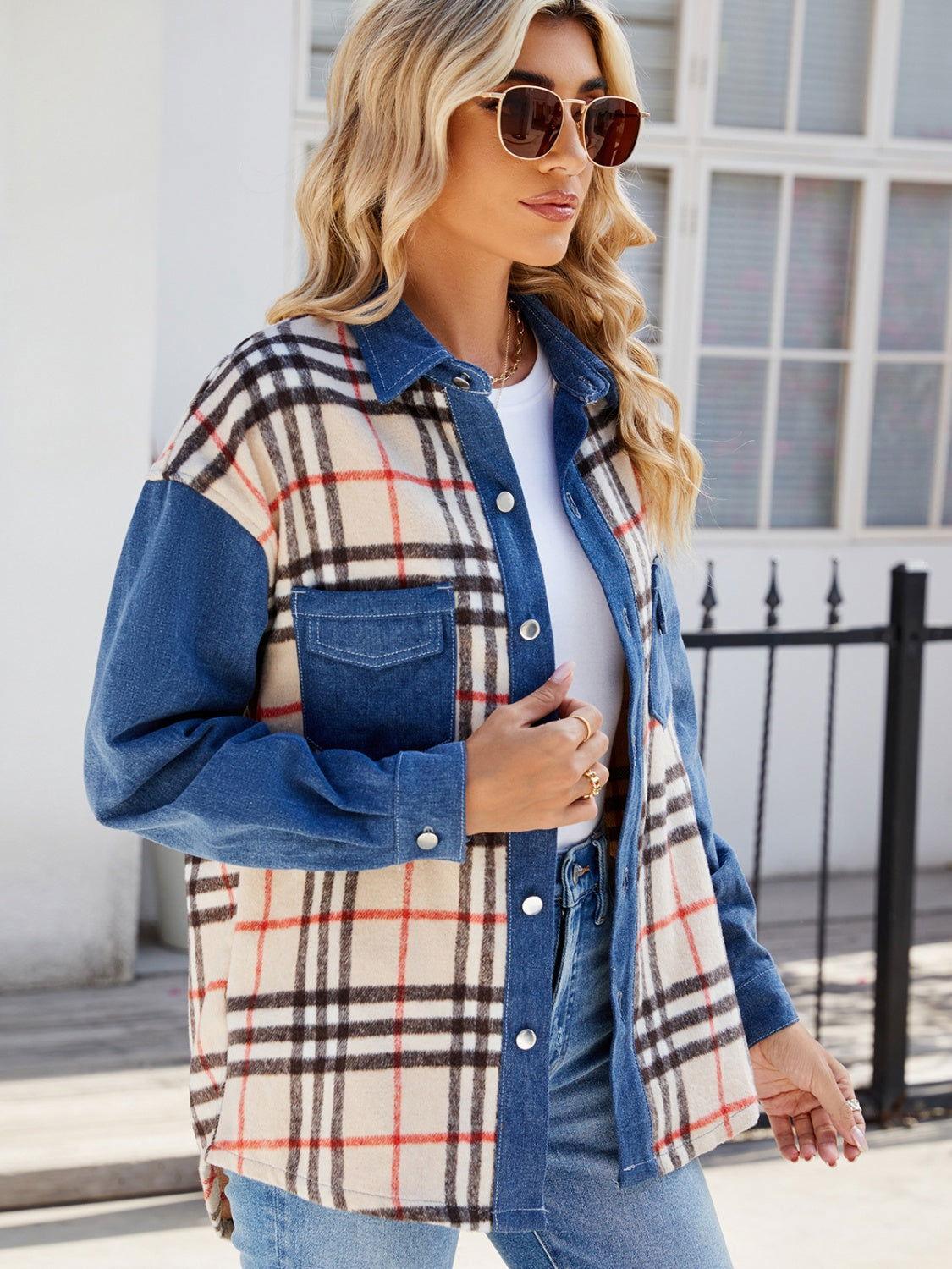 Plaid Long Sleeve Denim Jacket - Clothes For Her Online Store