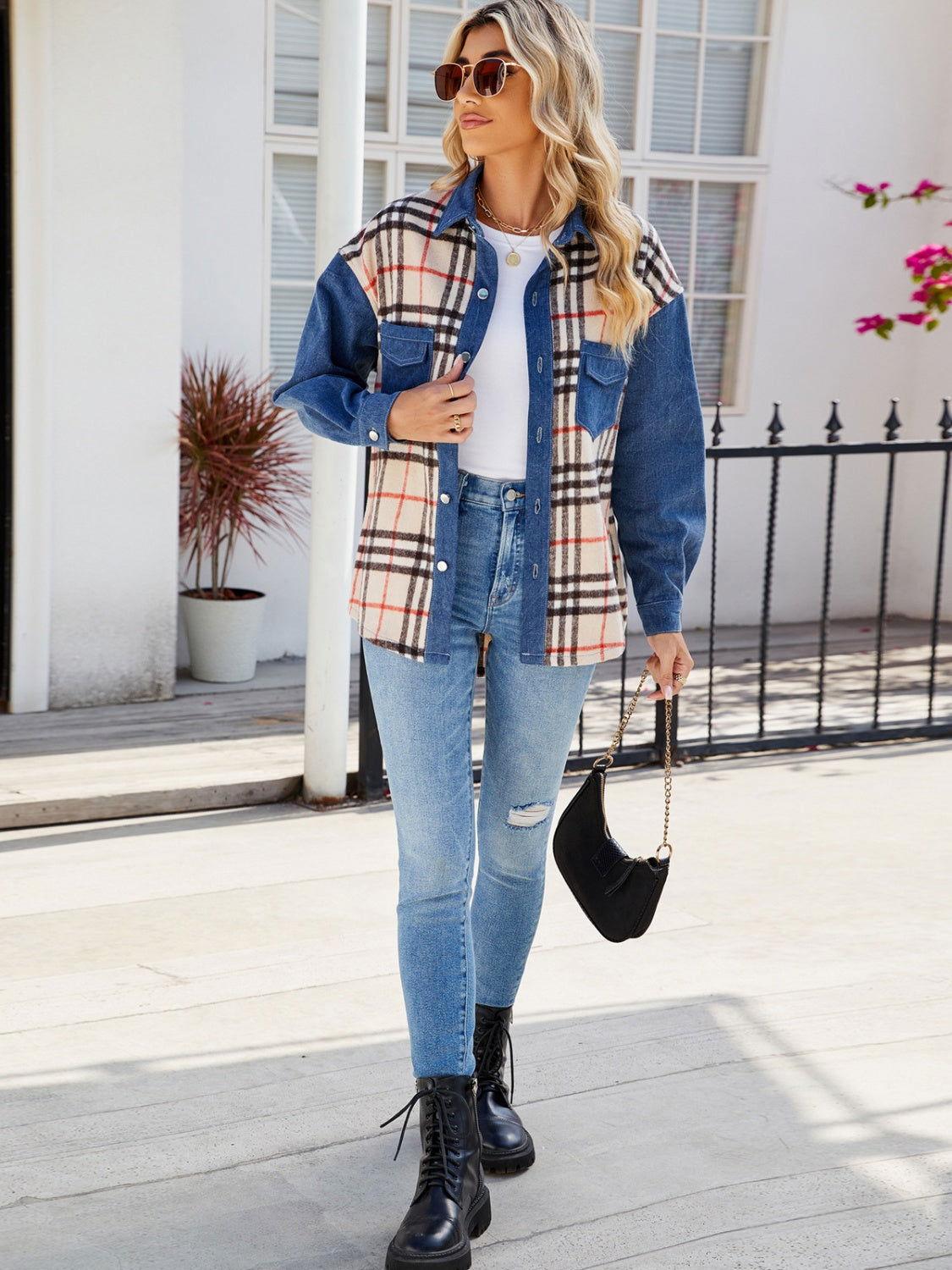 Plaid Long Sleeve Denim Jacket - Clothes For Her Online Store