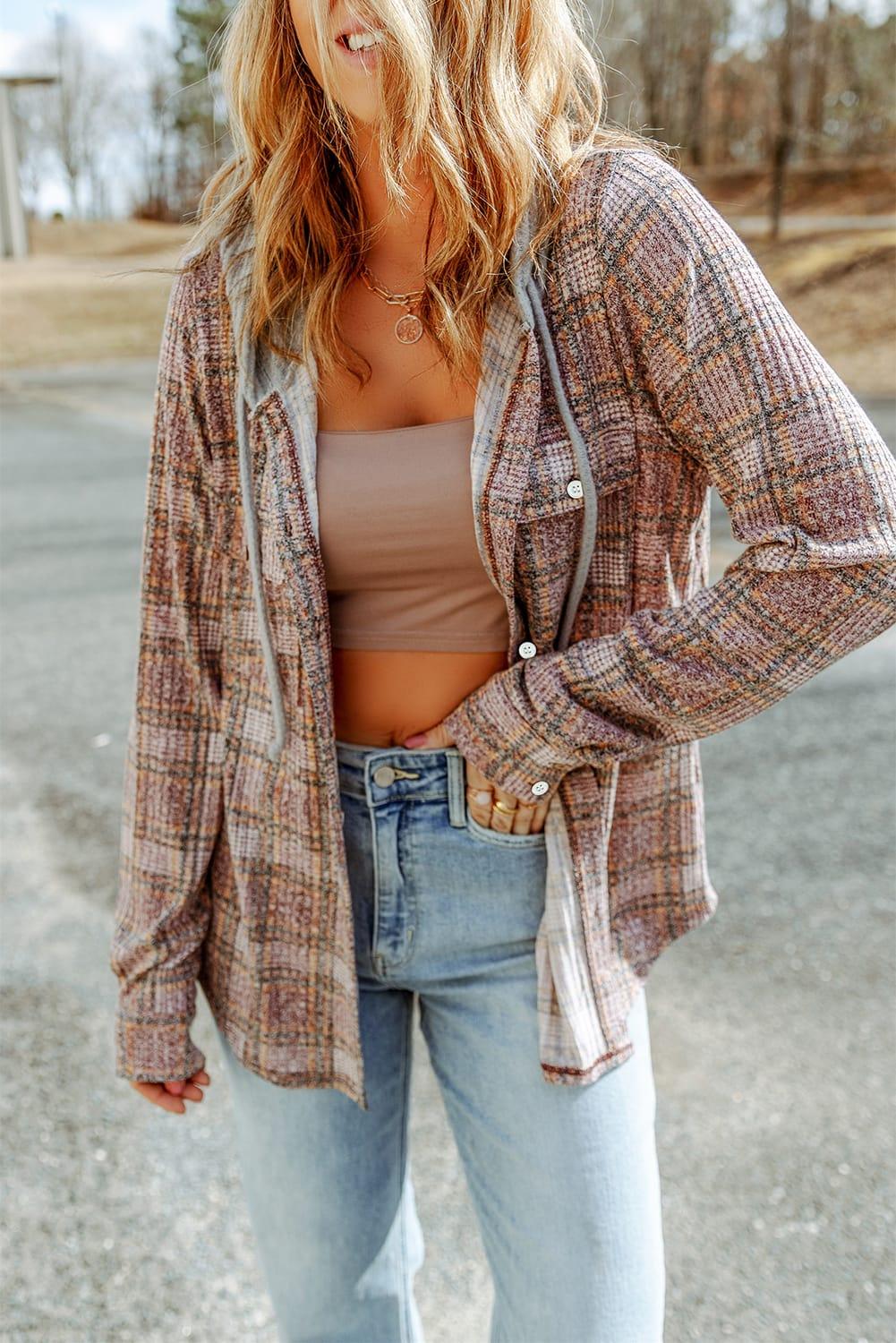 Plaid Long Sleeve Hooded Jacket - Clothes For Her Online Store