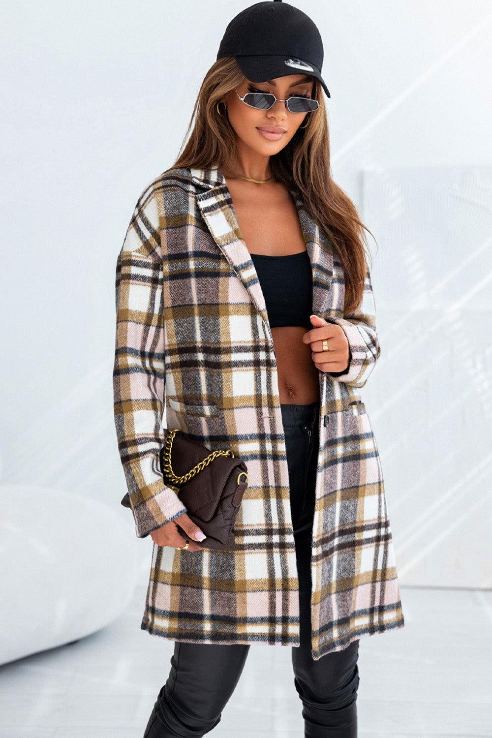 Plaid Longline Jacket with Pockets - Clothes For Her Online Store