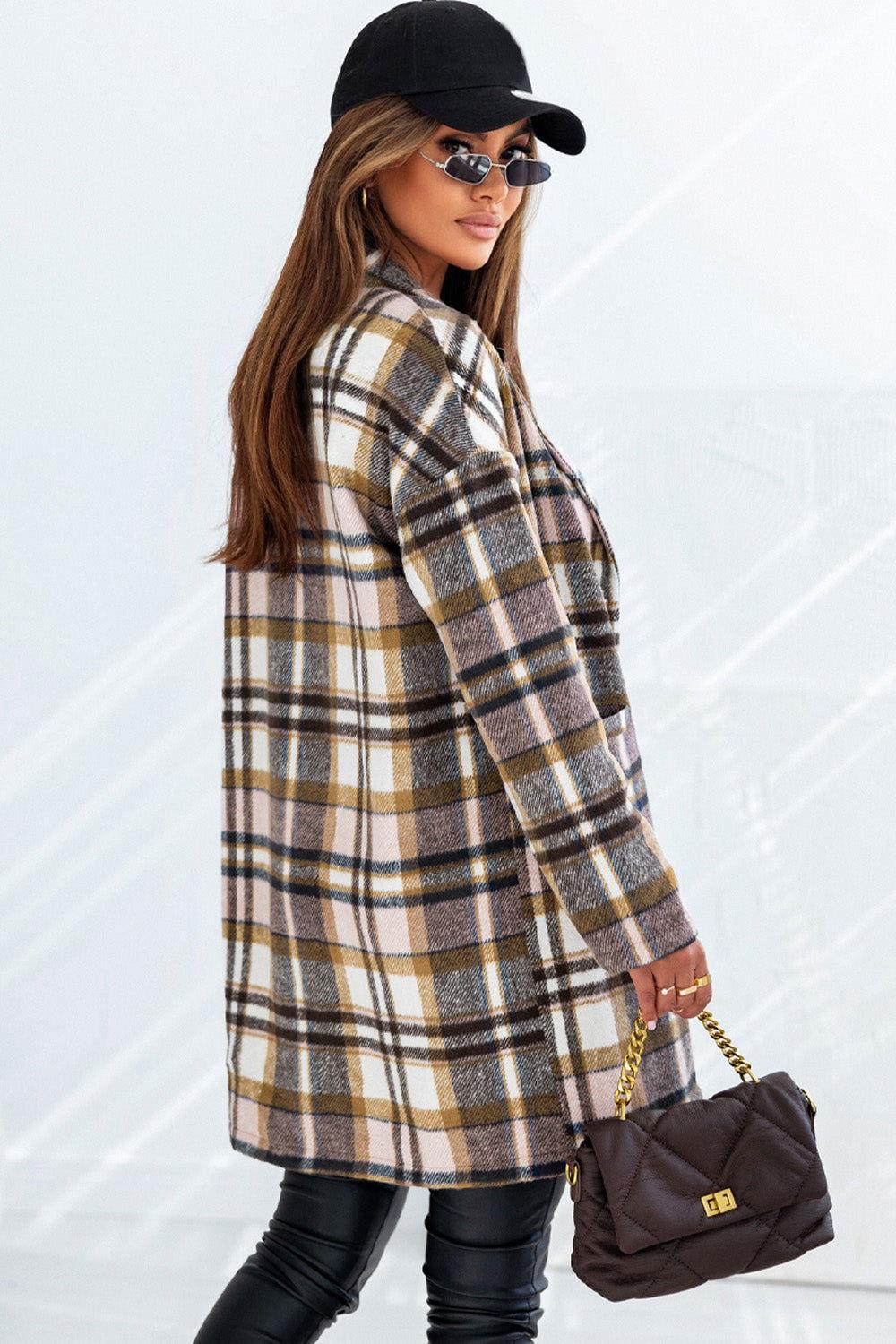 Plaid Longline Jacket with Pockets - Clothes For Her Online Store
