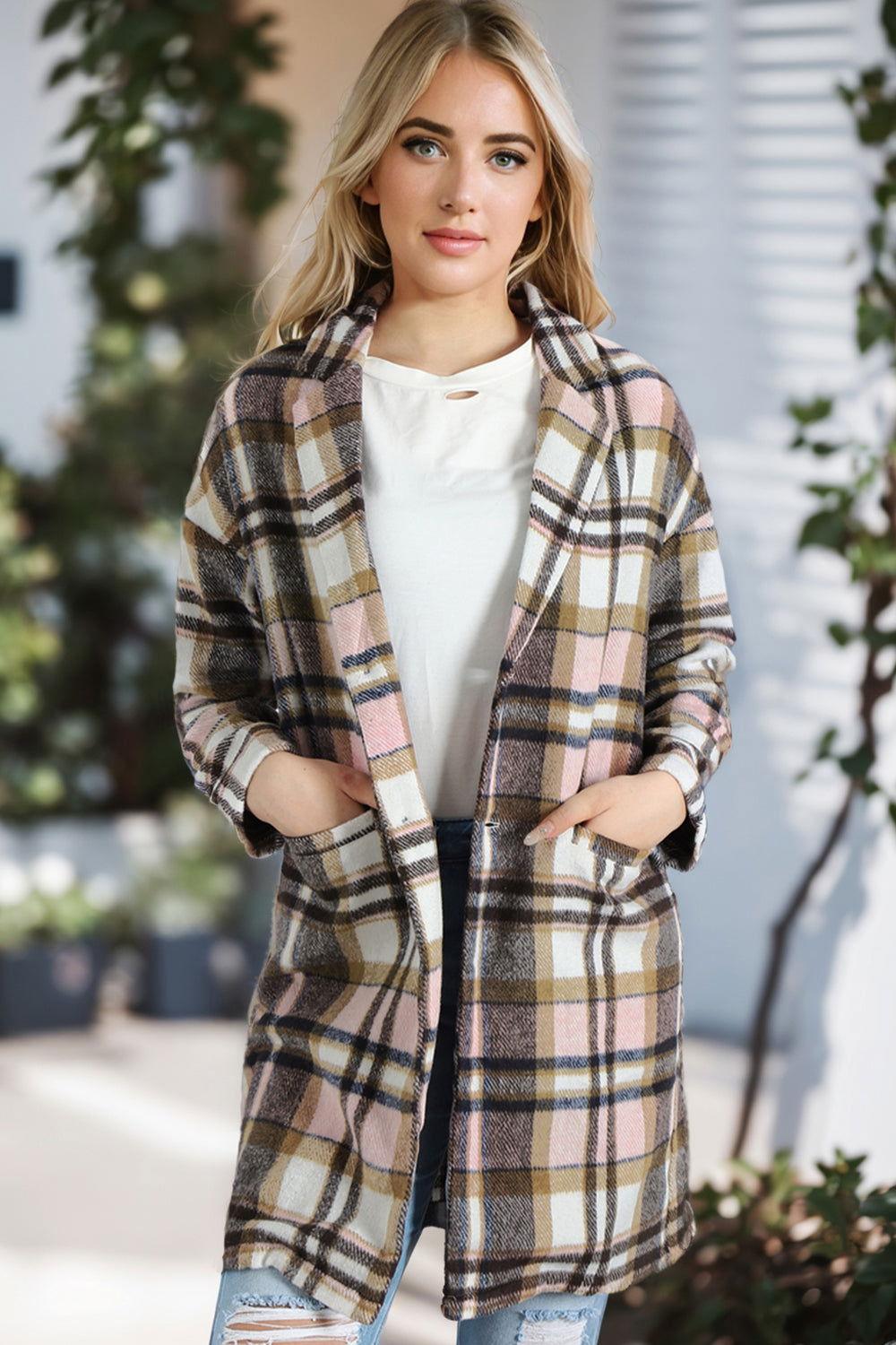 Plaid Longline Jacket with Pockets - Clothes For Her Online Store