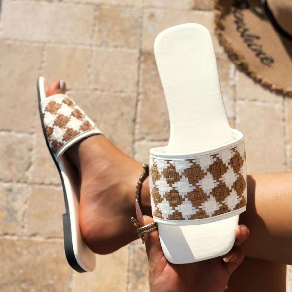 Plaid Open Toe Flat Sandals - Clothes For Her Online Store