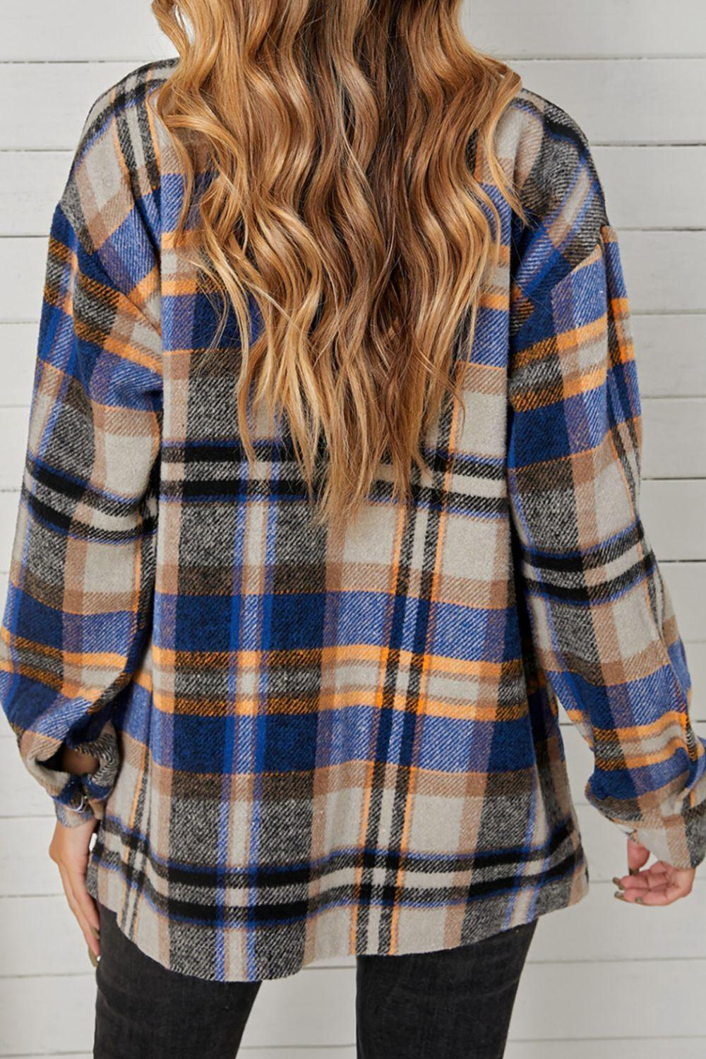 Plaid Pocketed Button Down Shacket - Clothes For Her Online Store