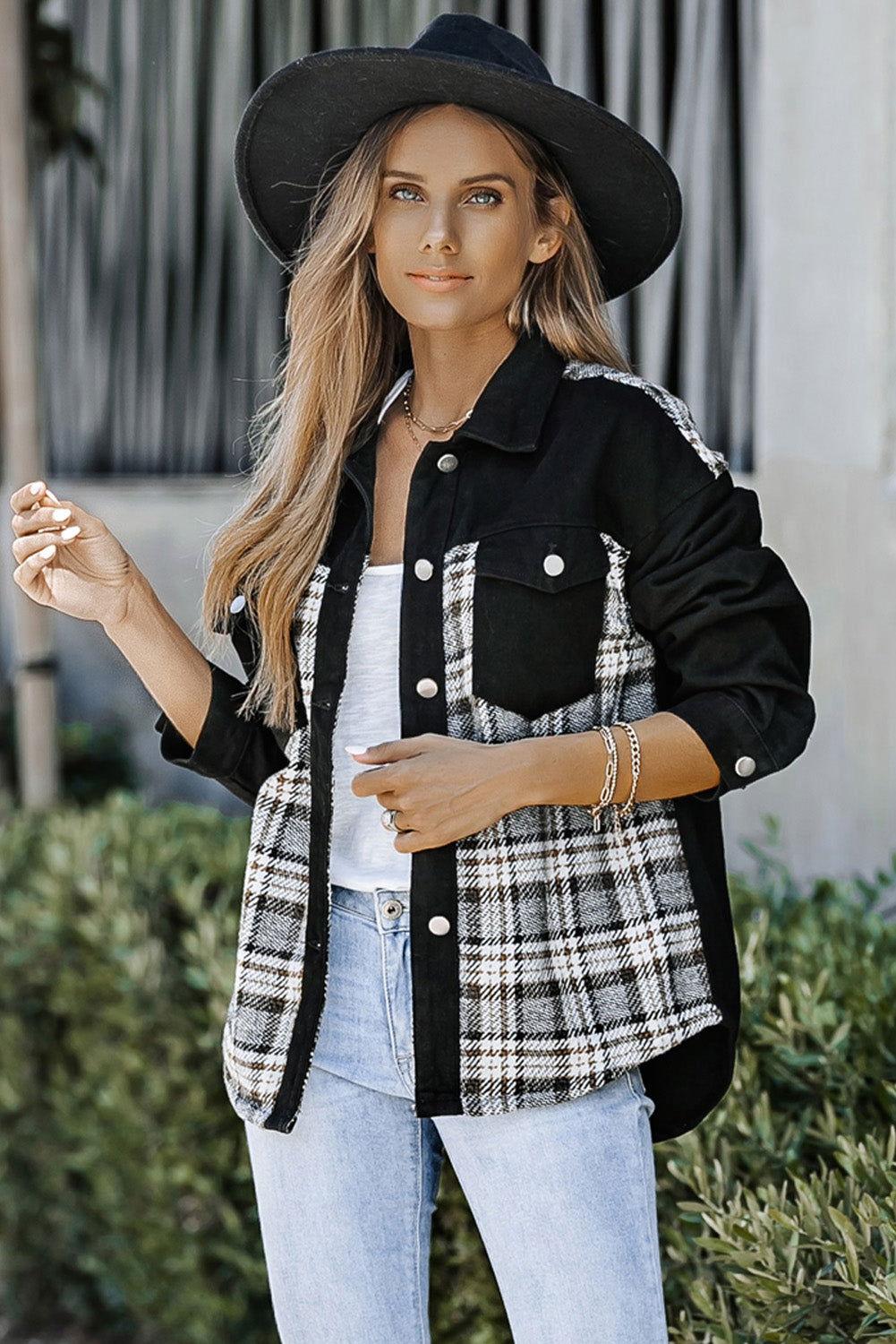 Plaid Pocketed Button Up Denim Jacket - Clothes For Her Online Store