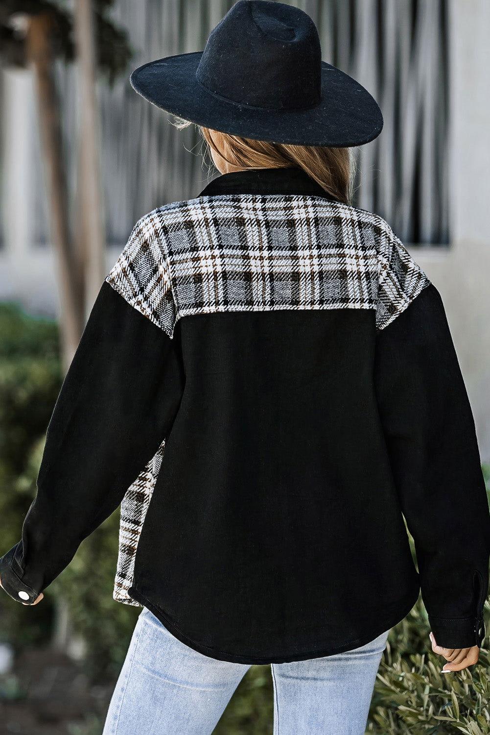 Plaid Pocketed Button Up Denim Jacket - Clothes For Her Online Store