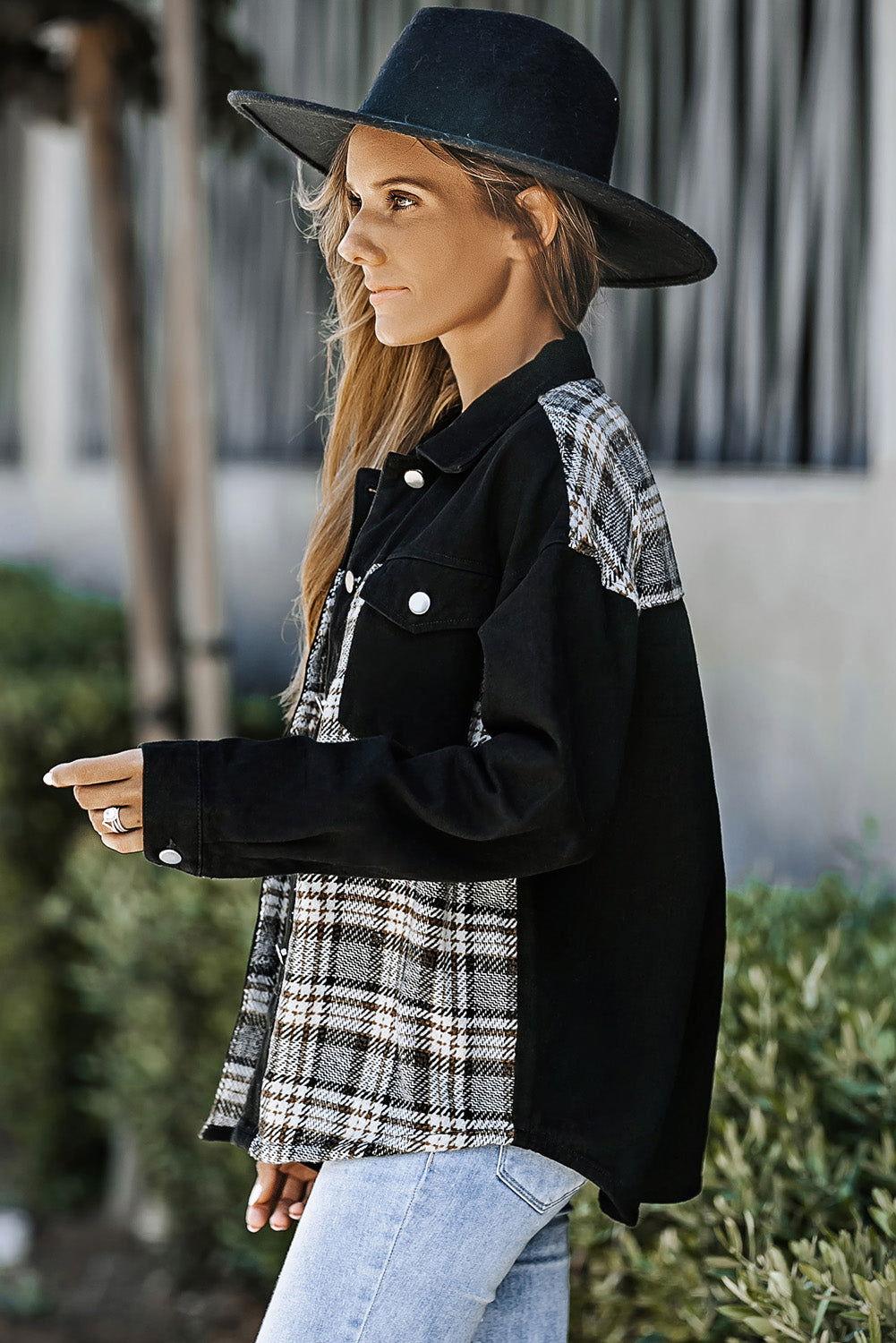 Plaid Pocketed Button Up Denim Jacket - Clothes For Her Online Store