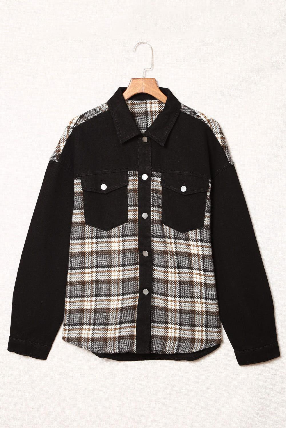 Plaid Pocketed Button Up Denim Jacket - Clothes For Her Online Store