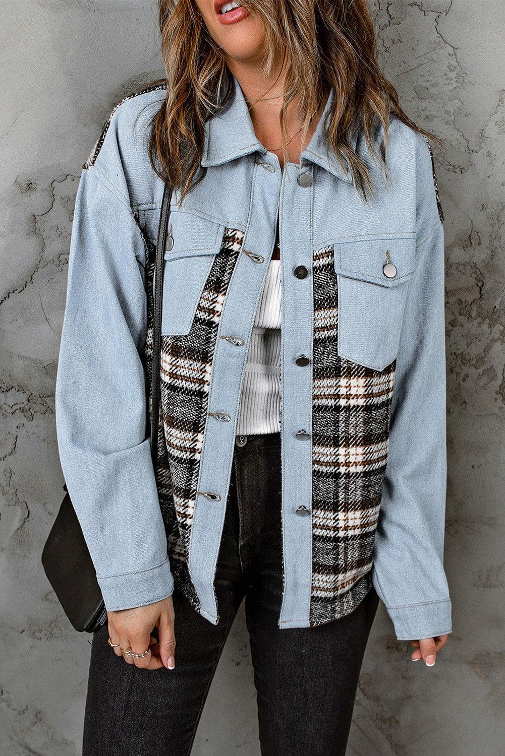 Plaid Pocketed Button Up Denim Jacket - Clothes For Her Online Store