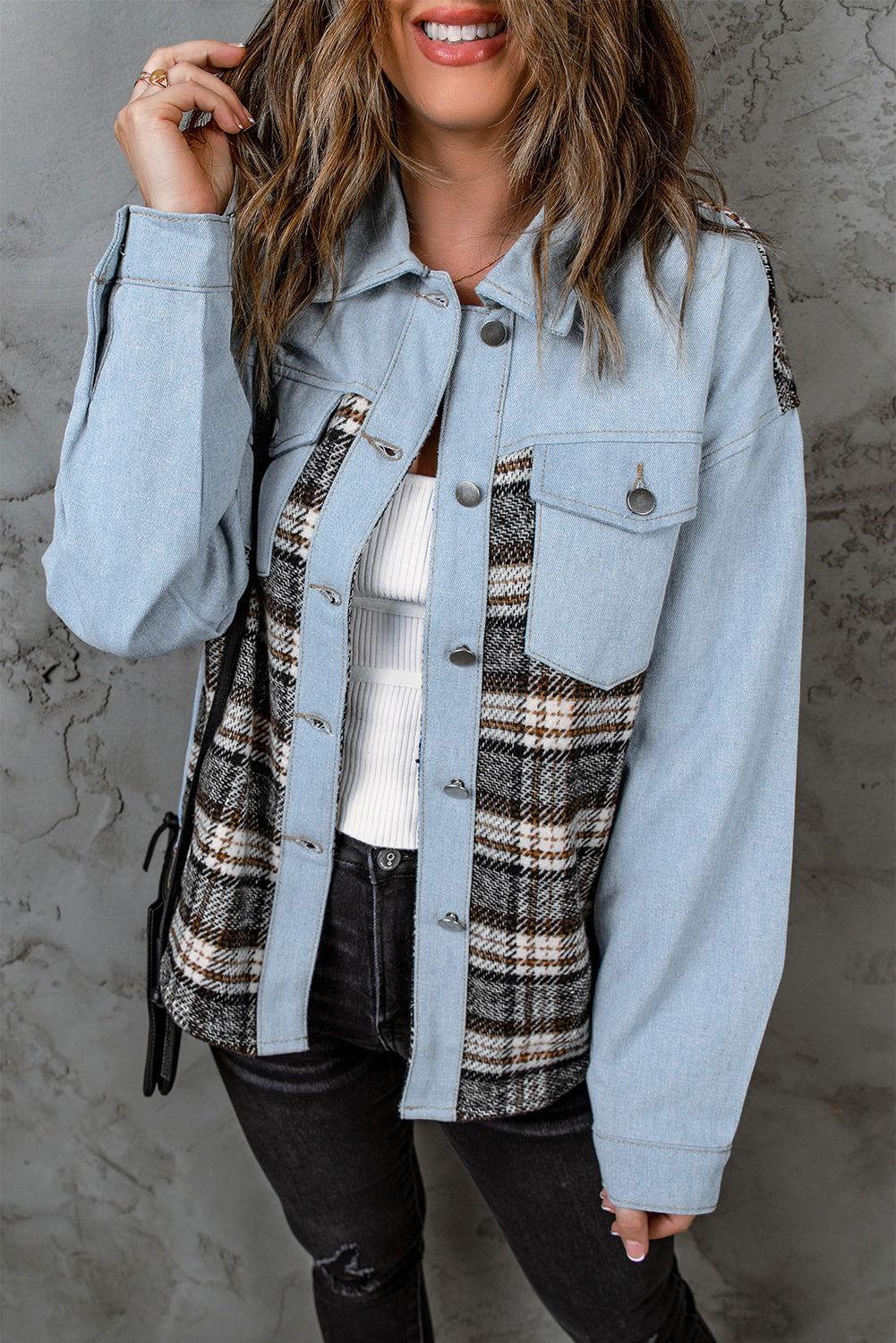 Plaid Pocketed Button Up Denim Jacket - Clothes For Her Online Store