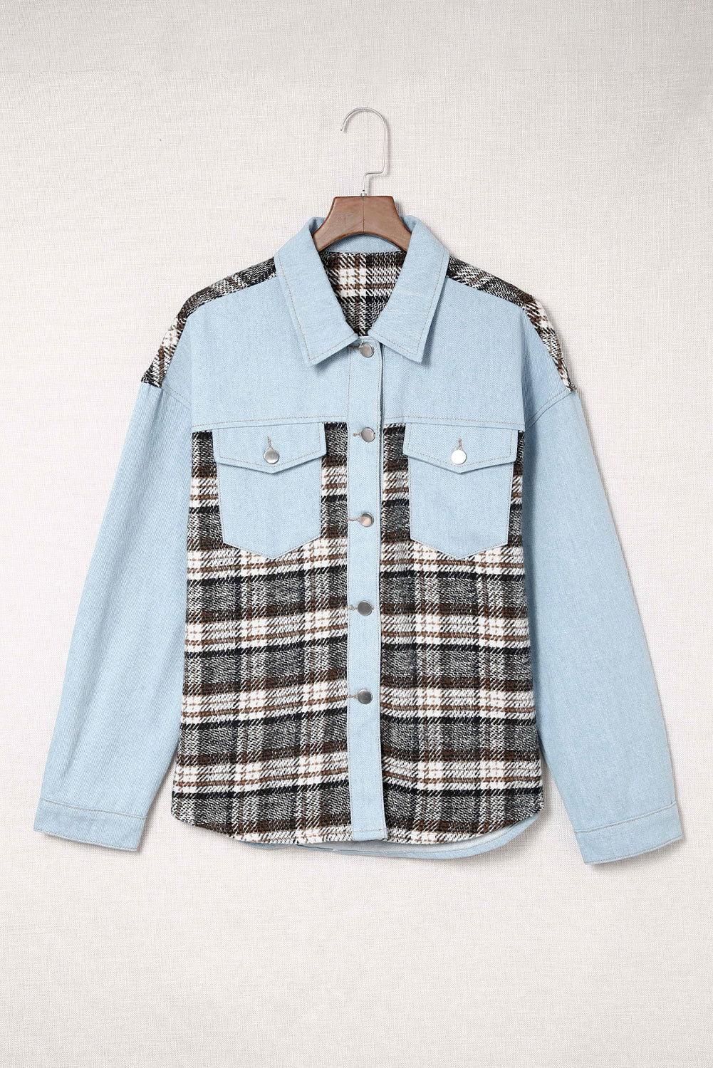 Plaid Pocketed Button Up Denim Jacket - Clothes For Her Online Store