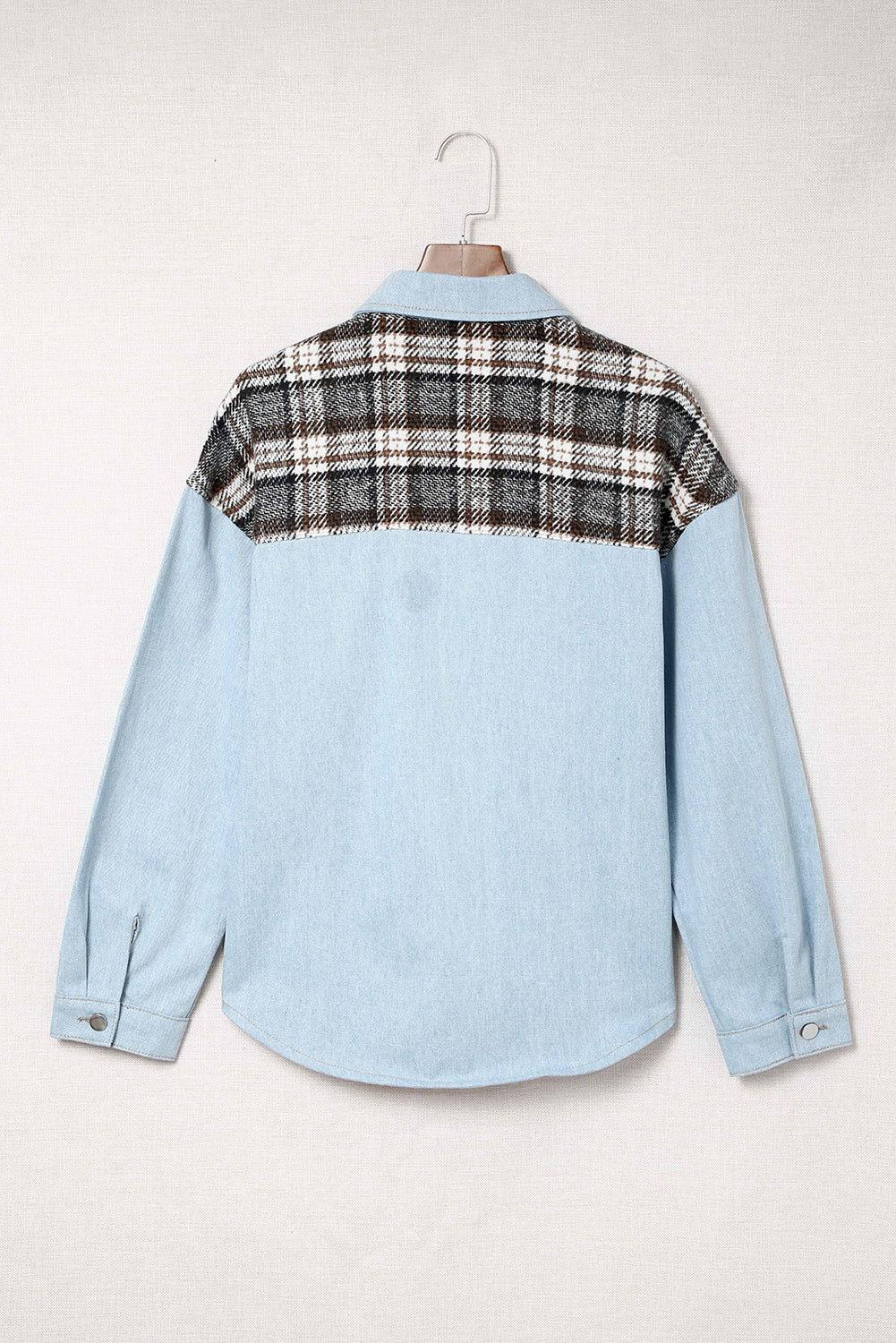 Plaid Pocketed Button Up Denim Jacket - Clothes For Her Online Store