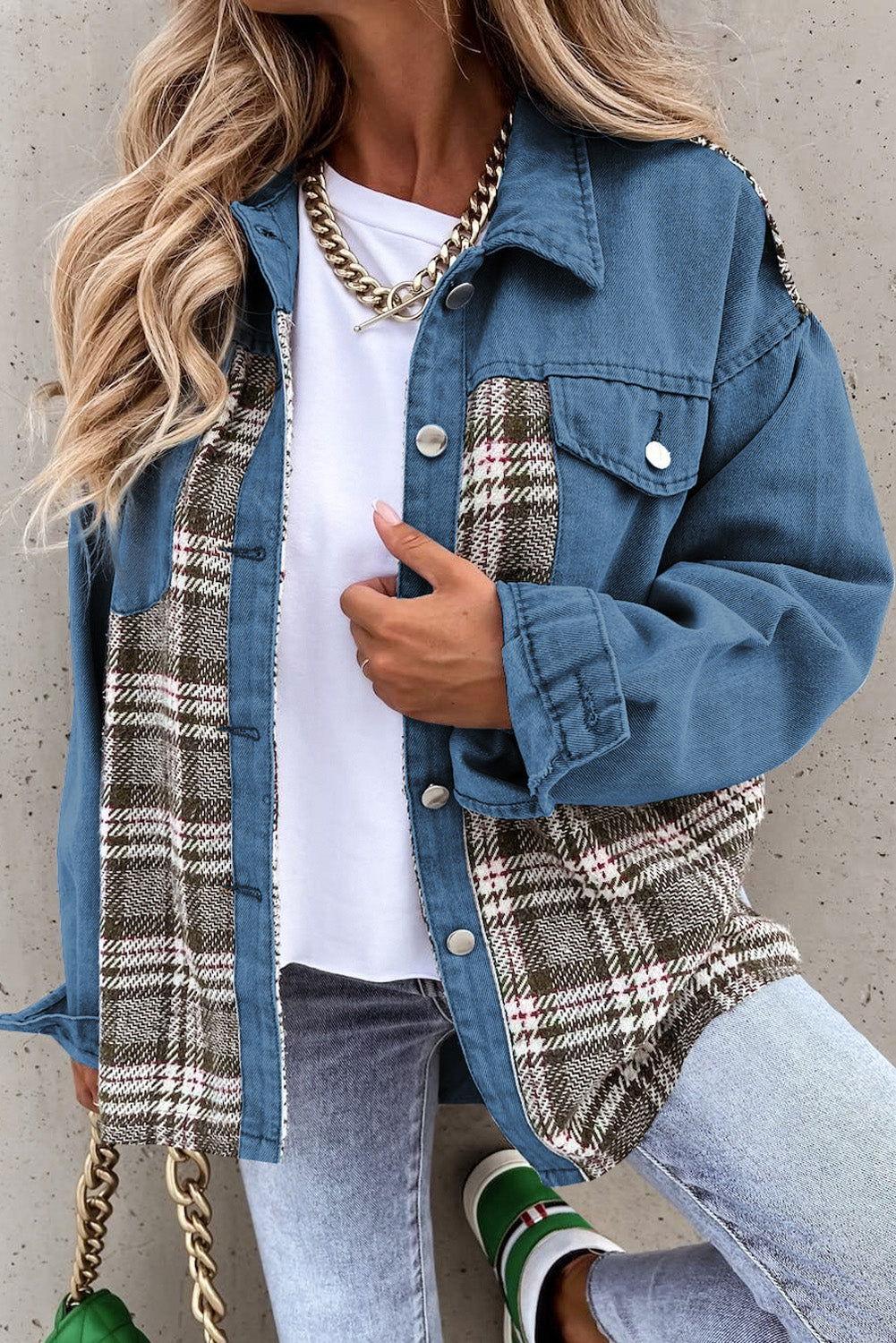 Plaid Pocketed Button Up Denim Jacket - Clothes For Her Online Store