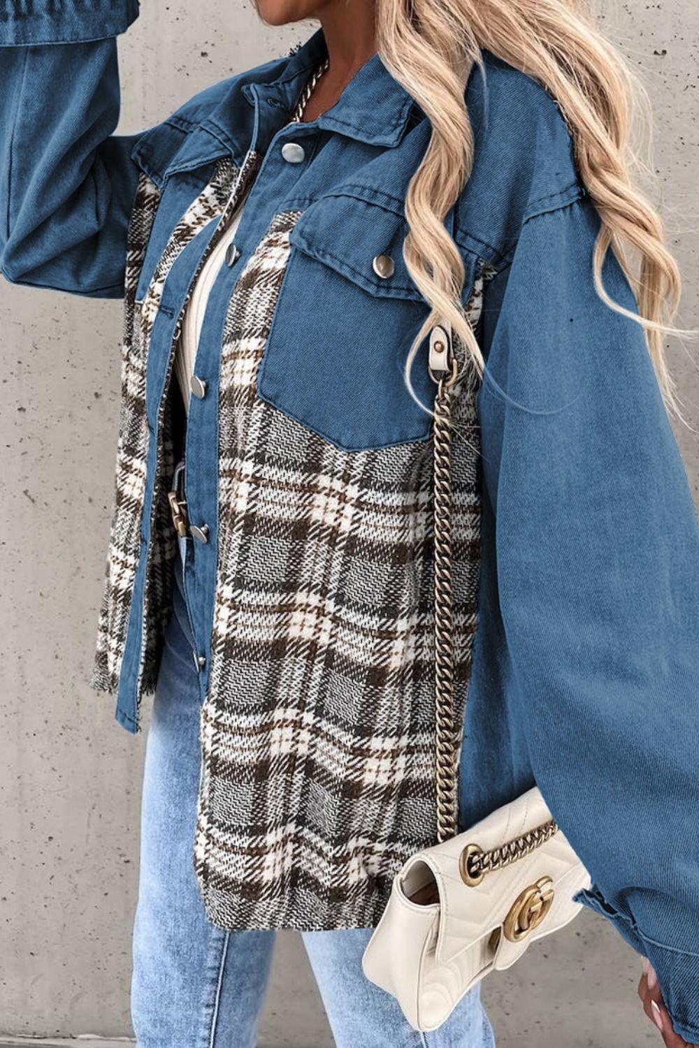 Plaid Pocketed Button Up Denim Jacket - Clothes For Her Online Store