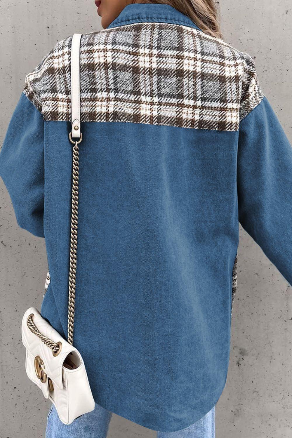Plaid Pocketed Button Up Denim Jacket - Clothes For Her Online Store