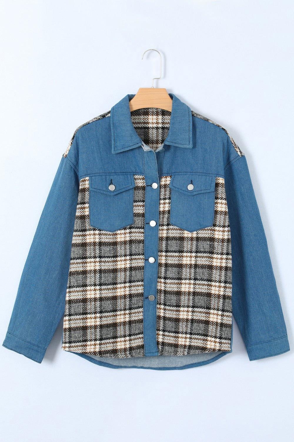 Plaid Pocketed Button Up Denim Jacket - Clothes For Her Online Store