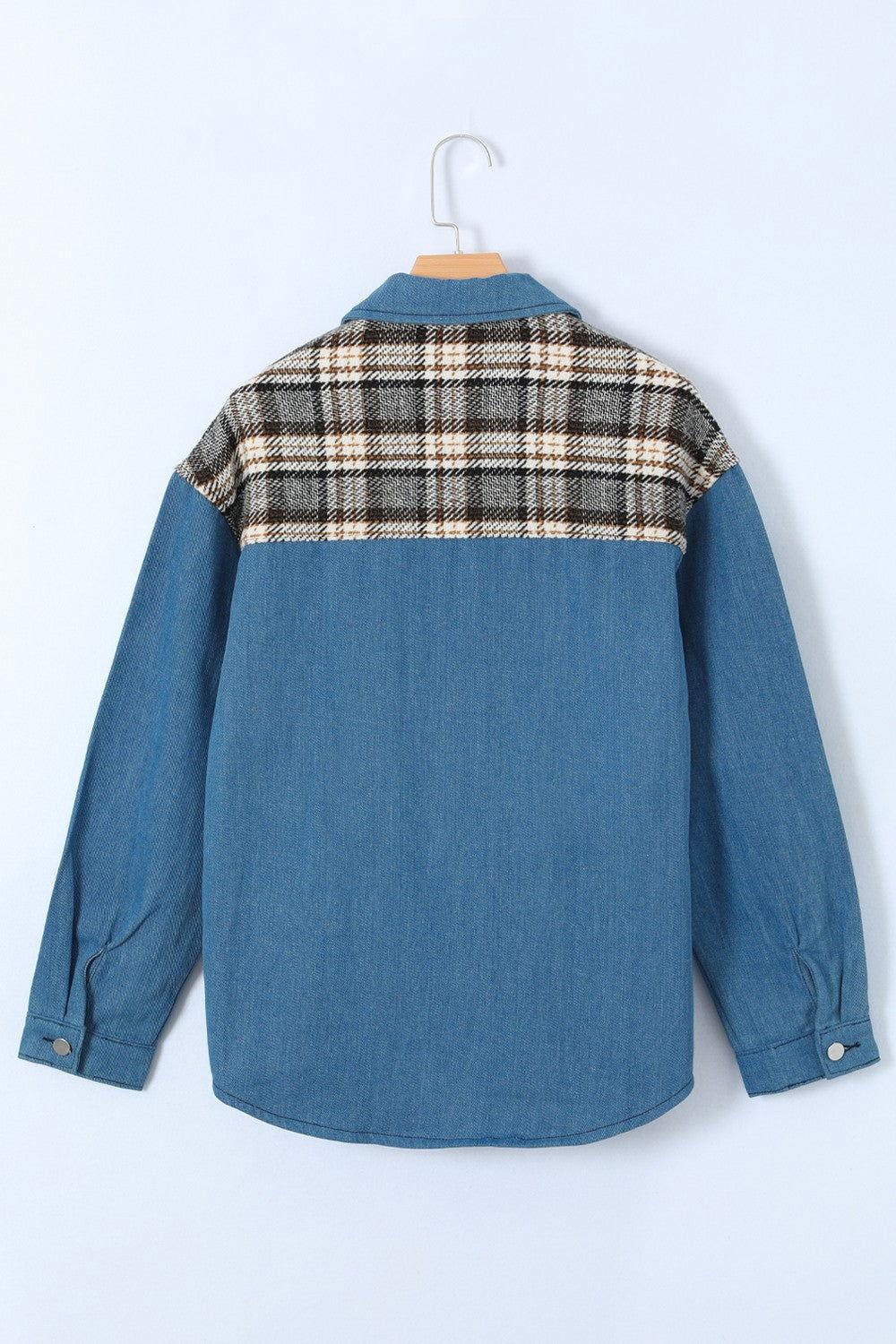 Plaid Pocketed Button Up Denim Jacket - Clothes For Her Online Store