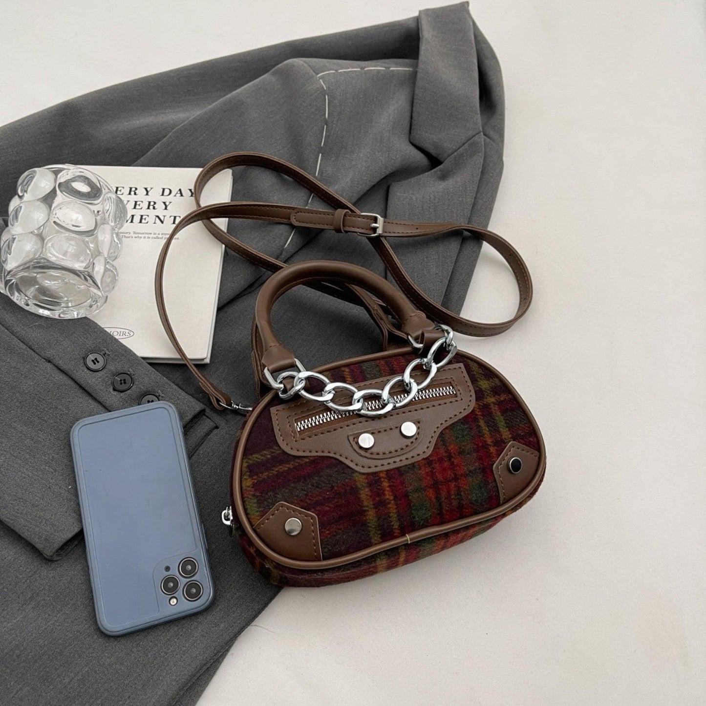 Plaid Print Crossbody Bag - Clothes For Her Online Store