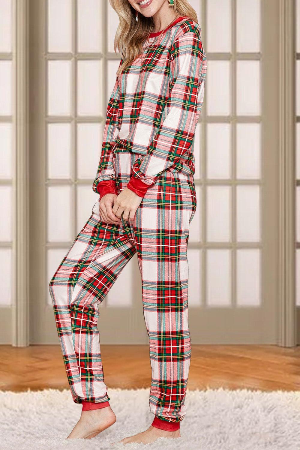 Plaid Round Neck Top and Pants Set - Clothes For Her Online Store