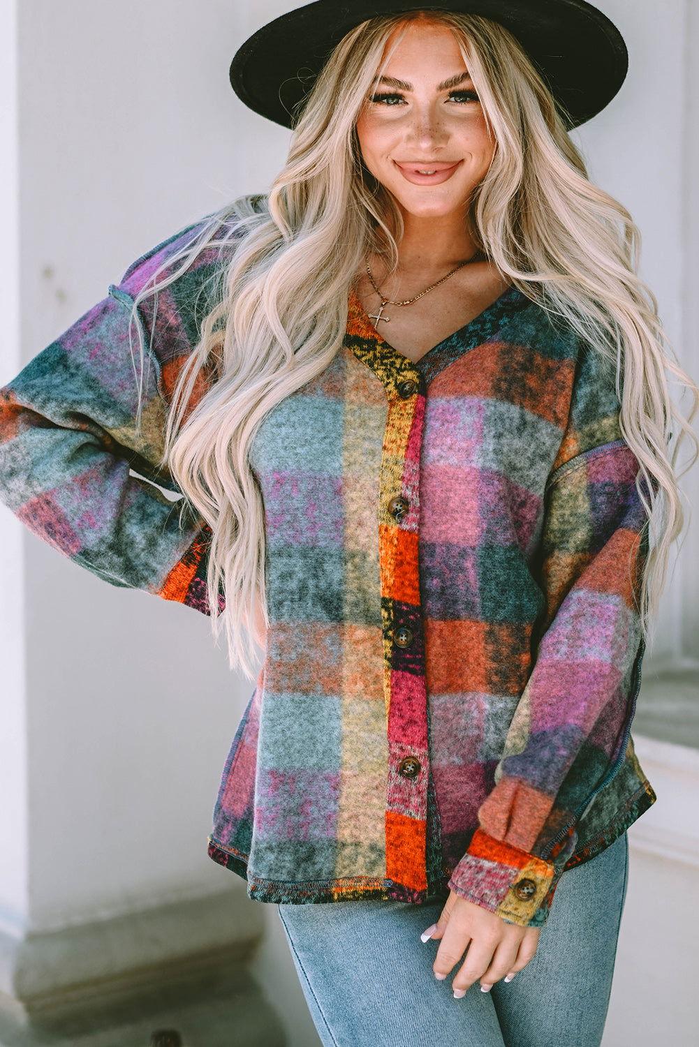 Plaid V-Neck Button Down Jacket - Clothes For Her Online Store