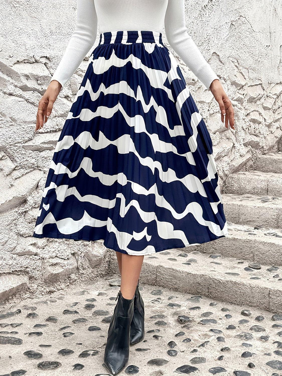 Pleated Printed Elastic Waist Skirt - Clothes For Her Online Store