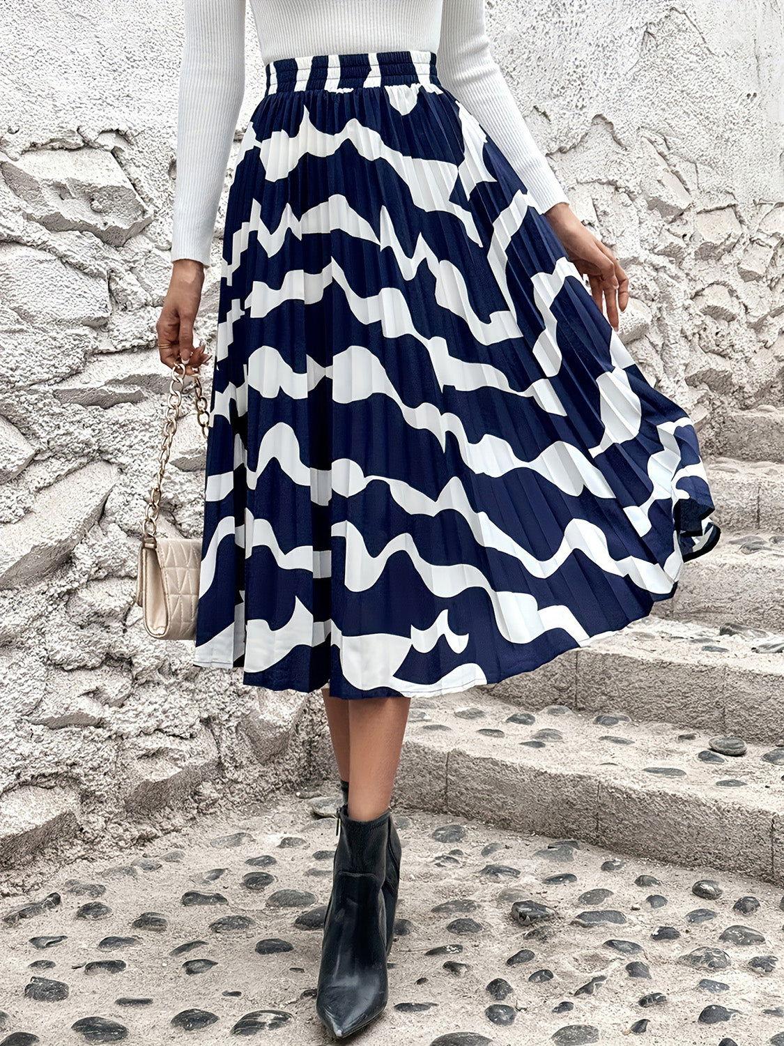 Pleated Printed Elastic Waist Skirt - Clothes For Her Online Store