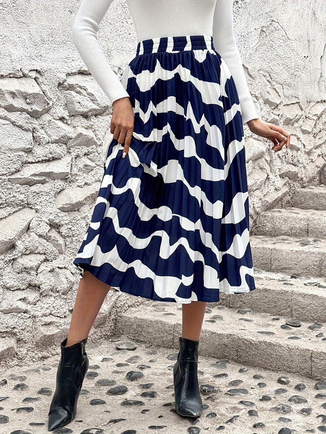 Pleated Printed Elastic Waist Skirt - Clothes For Her Online Store