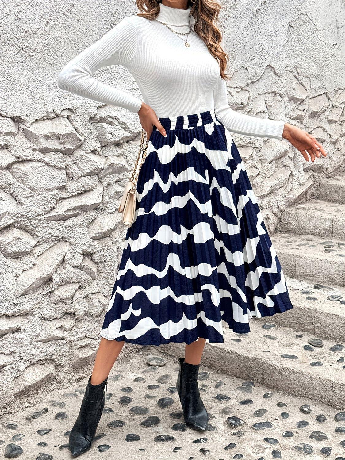Pleated Printed Elastic Waist Skirt - Clothes For Her Online Store