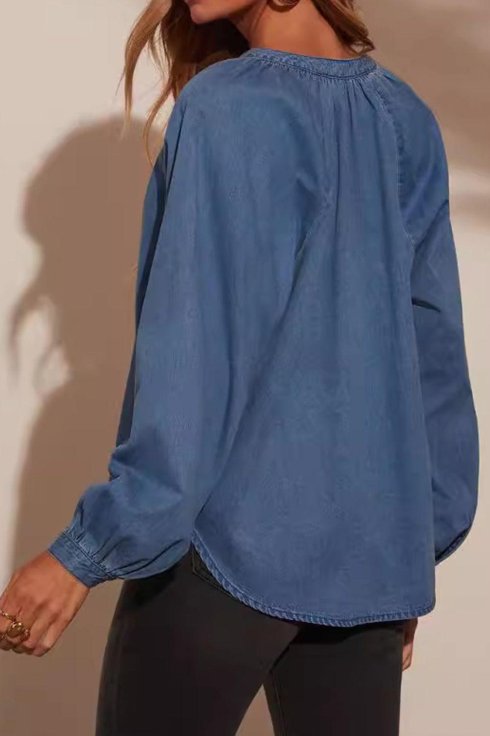 Plunge Button Up Long Sleeve Denim Top - Clothes For Her Online Store