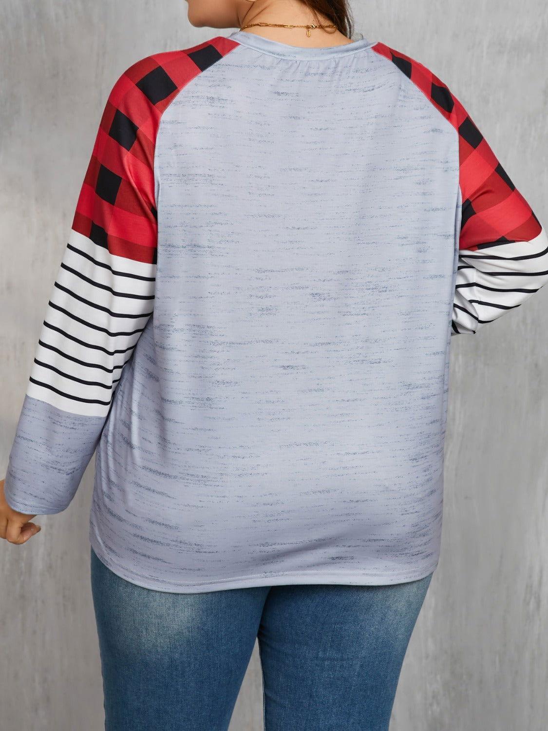 Plus Size Christmas Tree Plaid Round Neck Long Sleeve T-Shirt - Clothes For Her Online Store