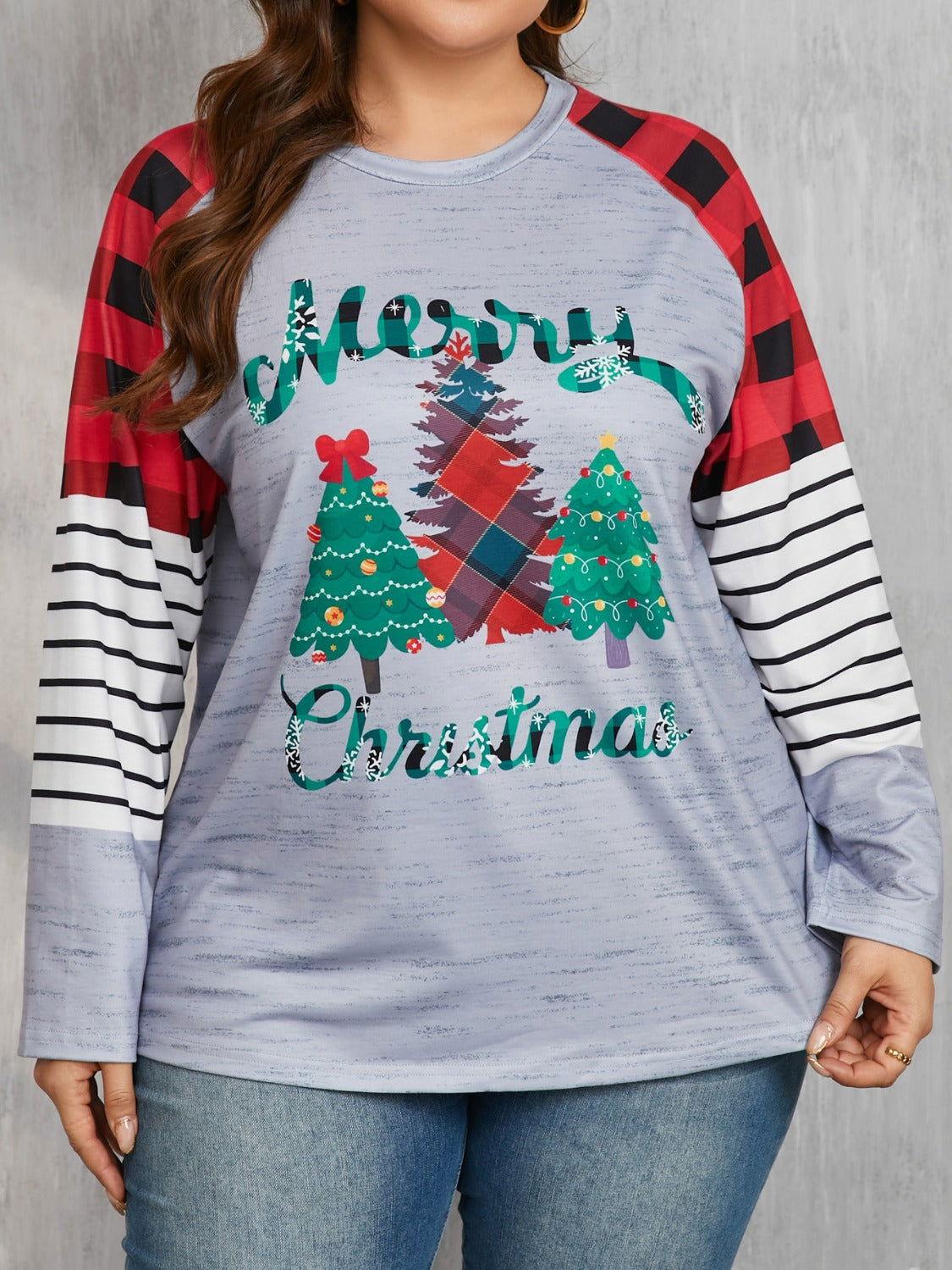 Plus Size Christmas Tree Plaid Round Neck Long Sleeve T-Shirt - Clothes For Her Online Store