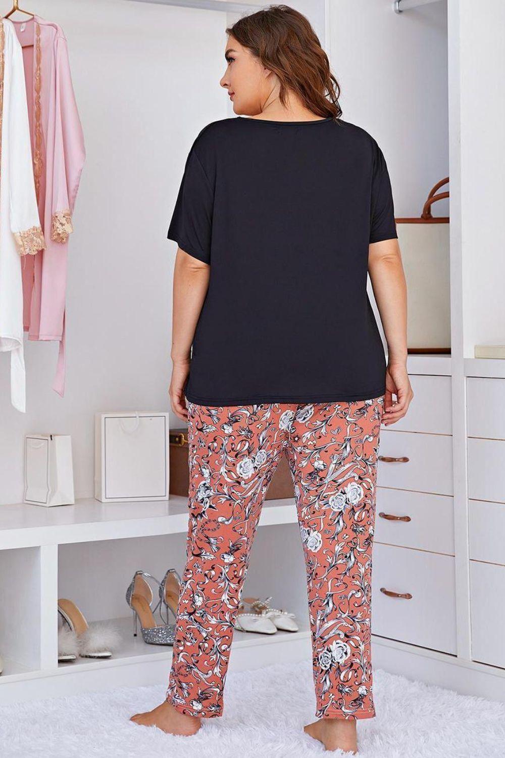 Plus Size Contrast Round Neck Tee and Floral Pants Lounge Set - Clothes For Her Online Store