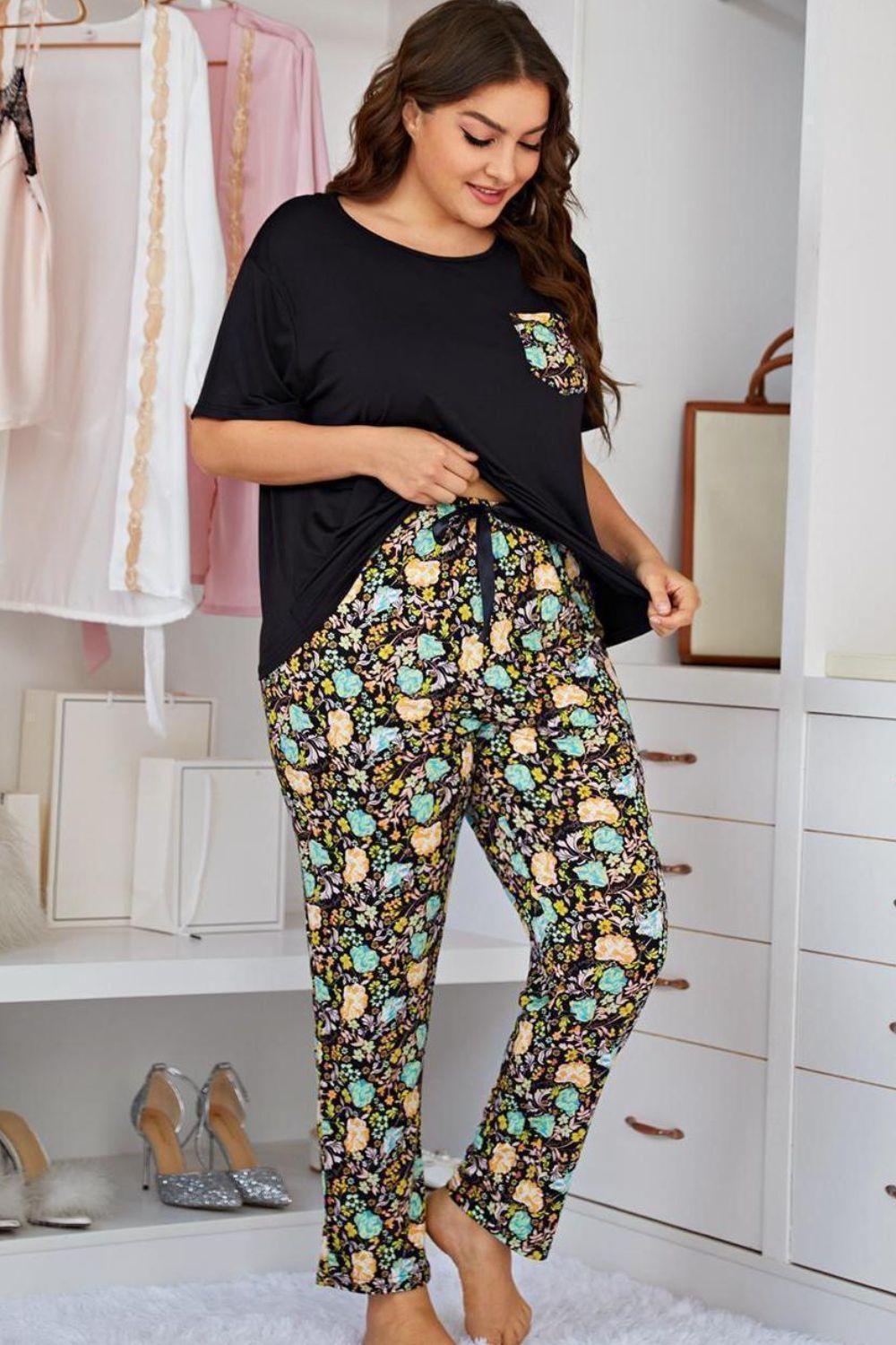 Plus Size Contrast Round Neck Tee and Floral Pants Lounge Set - Clothes For Her Online Store