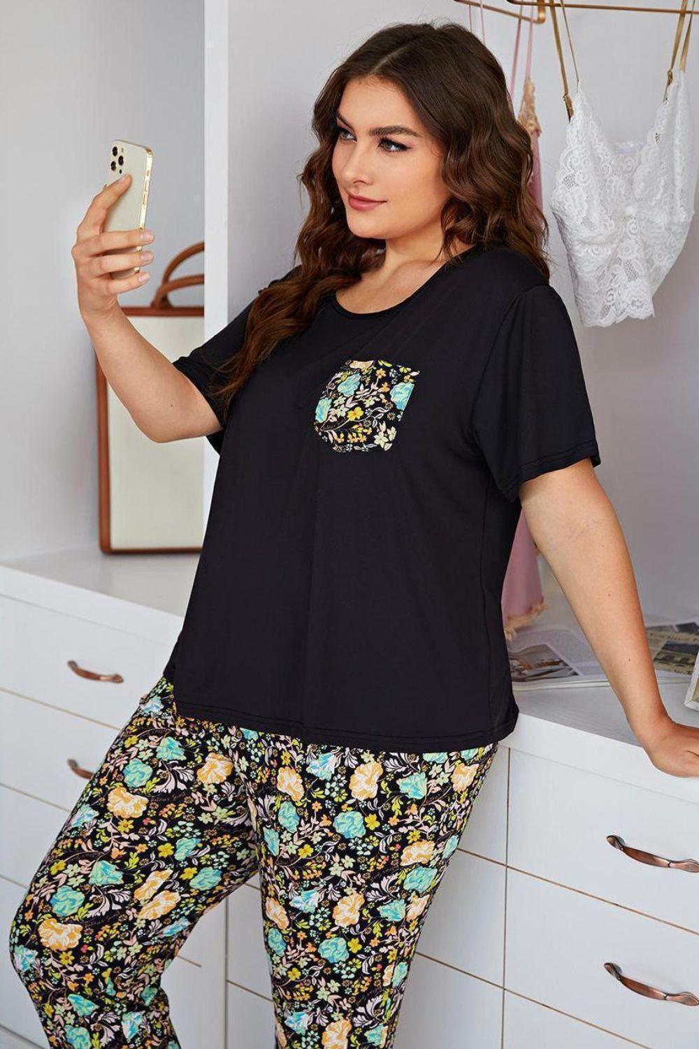 Plus Size Contrast Round Neck Tee and Floral Pants Lounge Set - Clothes For Her Online Store