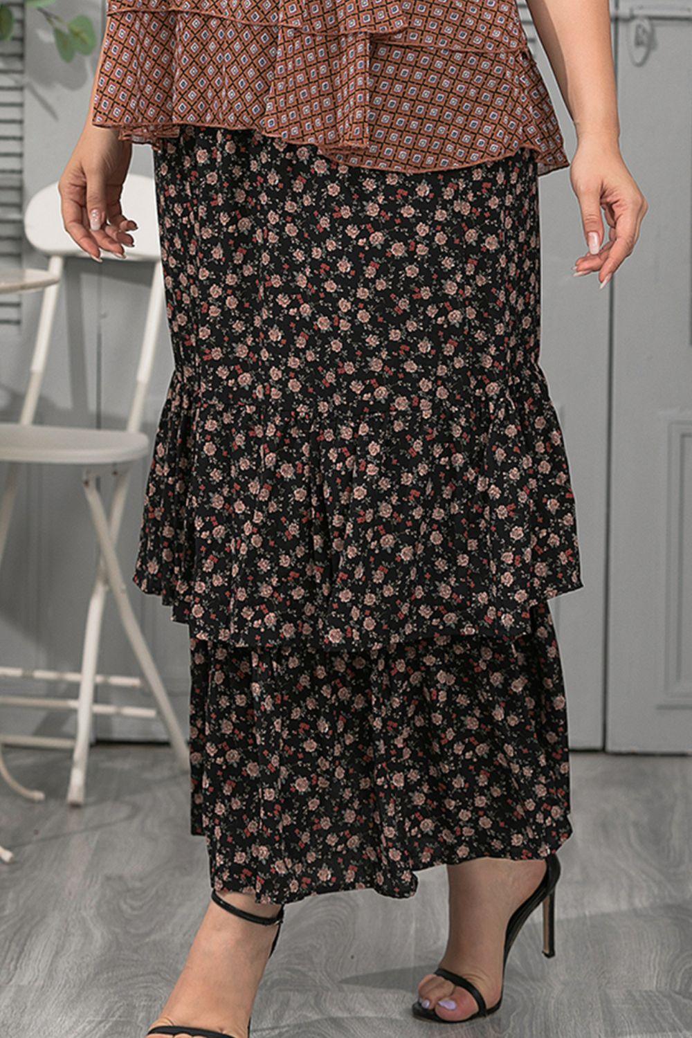 Plus Size Ditsy Floral Layered Maxi Skirt - Clothes For Her Online Store