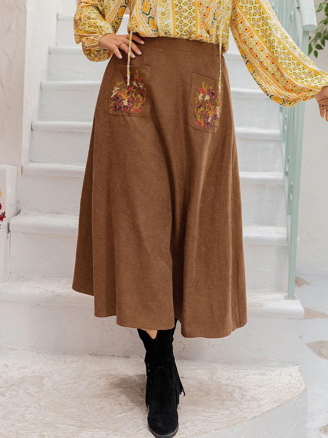 Plus Size Embroidered Pocketed High Waist Skirt - Clothes For Her Online Store