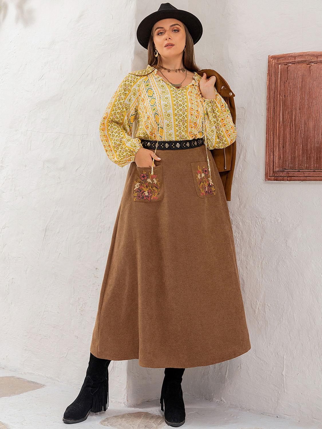 Plus Size Embroidered Pocketed High Waist Skirt - Clothes For Her Online Store